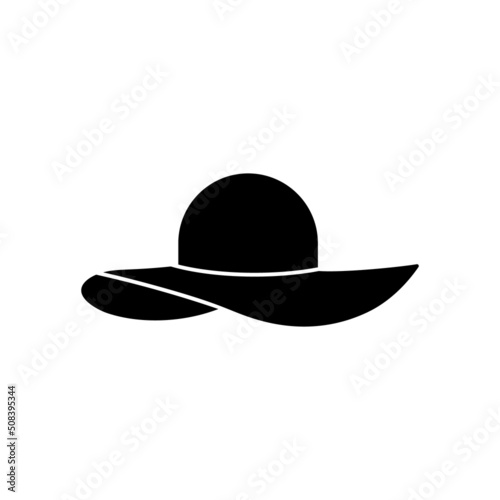 Sun Female Hat Beach Black Silhouette Icon. Fashion Straw Woman Hat for Summer Travel Vacation Glyph Pictogram on White Background. Girl Wide Vintage Sunhat Flat Symbol. Isolated Vector Illustration