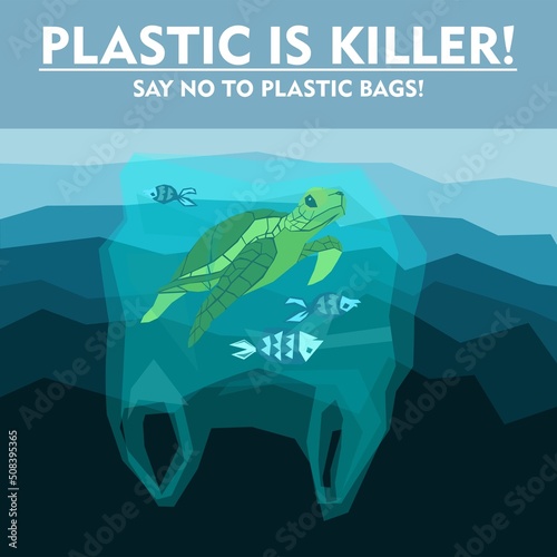 World oceans day, World Environment Day, Earth day, World Maritime Day concept vector illustration. Stop plastic pollution. Keep the oceans clean. Save the marine life. Stop creating trash mutants