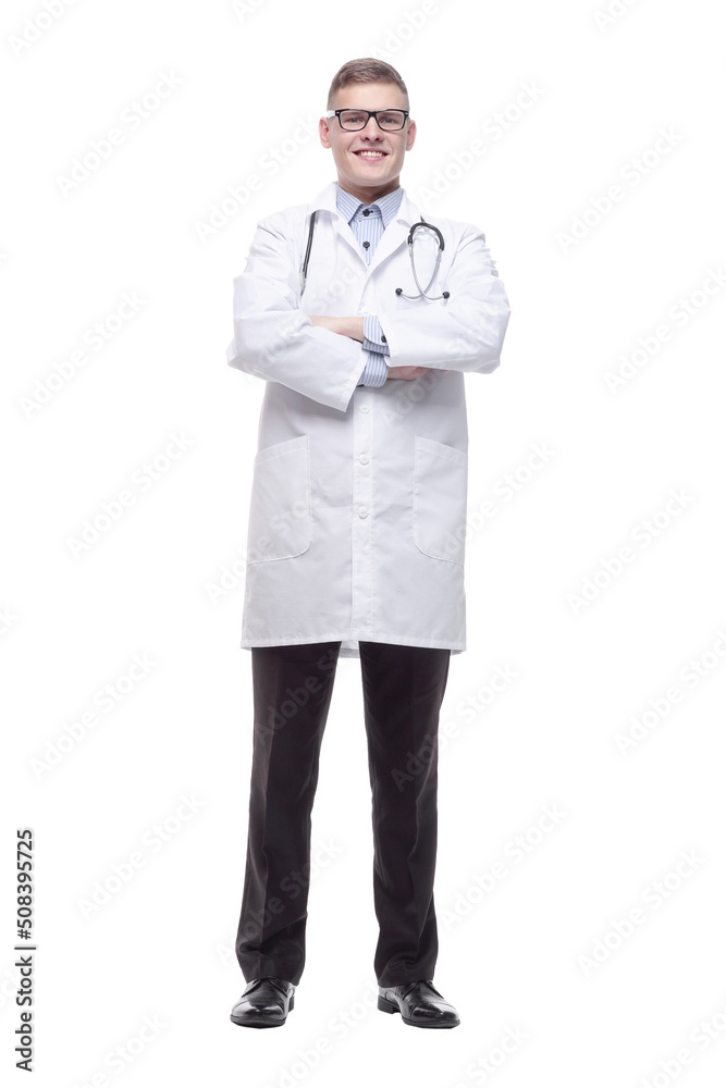 confident young doctor with a stethoscope. isolated on a white confident young doctor with a stethoscope. isolated on a white