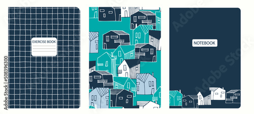 Cover page vector templates based on patterns with townscapes, grid pattern. Backgrounds for notebooks, notepads, diaries, presentations. Headers isolated and replaceable