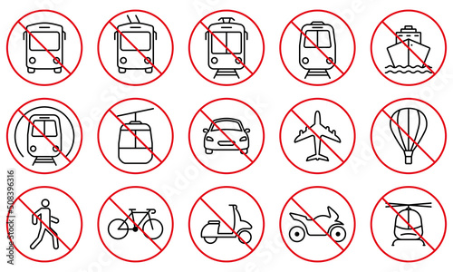 Ban Train, Trolley, Vehicle Car, Motorcycle, Tram, Bicycle, Shuttle Bus, Bike Station Black Line Icon Set. Prohibited Road Red Stop Sign. Transport Forbidden Pictogram. Isolated Vector Illustration