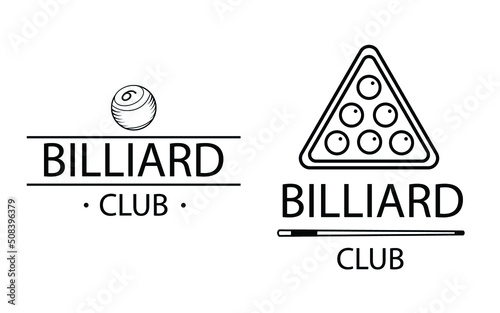 Billiard club logo. Hand lettering. Elegant logotype for billiard club studio business competition championship. Black letters with billiard ball, cue, triangle. Digital illustration. banner poster.