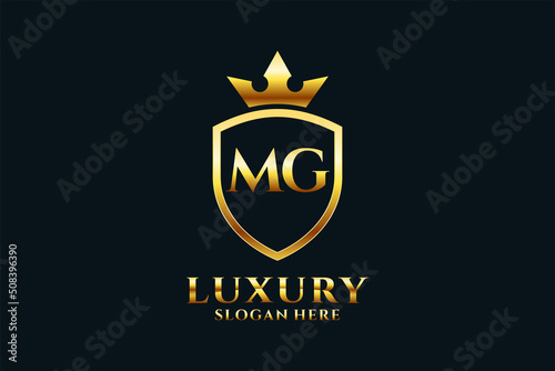 initial MG elegant luxury monogram logo or badge template with scrolls and royal crown - perfect for luxurious branding projects