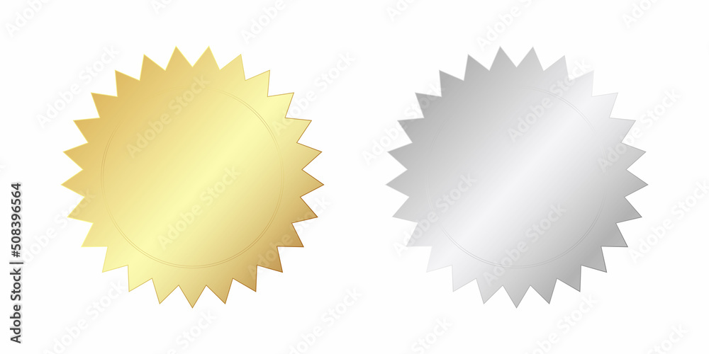 A set of gold and silver badges in the form of multi-pointed stars with a circle in the center. Vector illustration. A set of gold and silver badges in the form of multi-pointed stars with a circle in the center. Vector illustration.