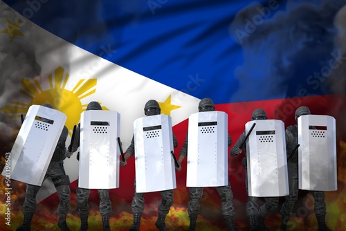 Wallpaper Mural Philippines police swat in heavy smoke and fire protecting order against disorder - protest stopping concept, military 3D Illustration on flag background Torontodigital.ca