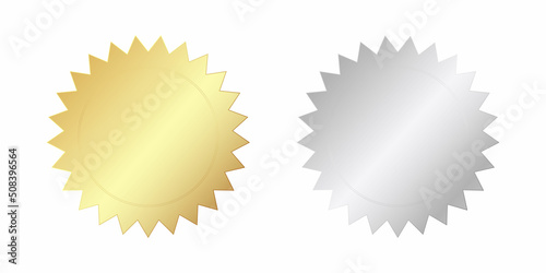 A set of gold and silver badges in the form of multi-pointed stars with a circle in the center. Vector illustration.