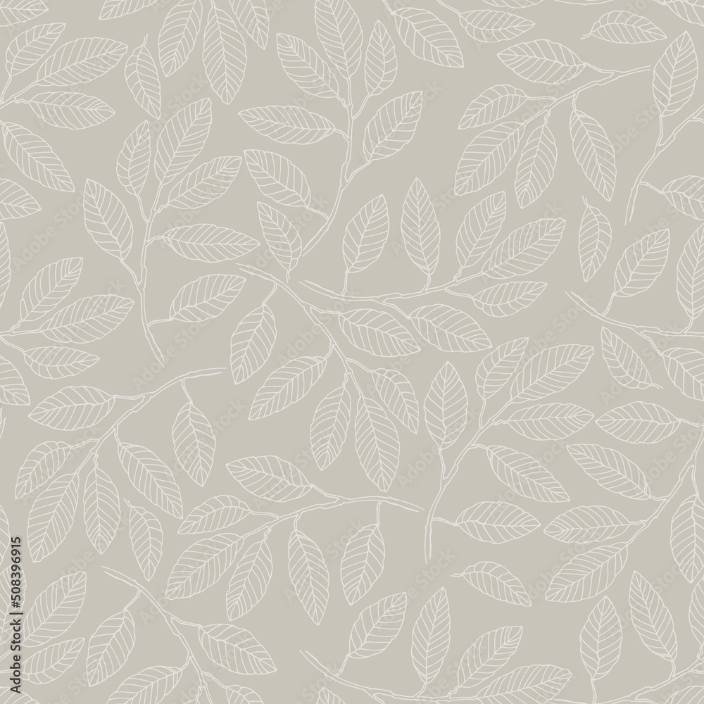 Seamless pattern with willow tree branches and leaves on light blue background for surface design and other design projects. Monochrome realistic line art