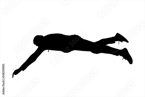 A man in a tracksuit and sneakers on his feet in a supine position. The guy of a large physique lies with his stomach down. The rescuer tries to reach out. Black male silhouette isolated on white