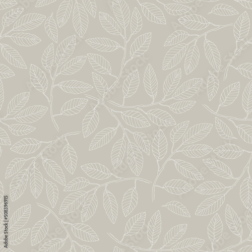 Seamless pattern with willow tree branches and leaves on light blue background for surface design and other design projects. Monochrome realistic line art