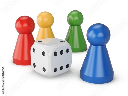 3D Rendering Game figures and one dice isolated on white background photo