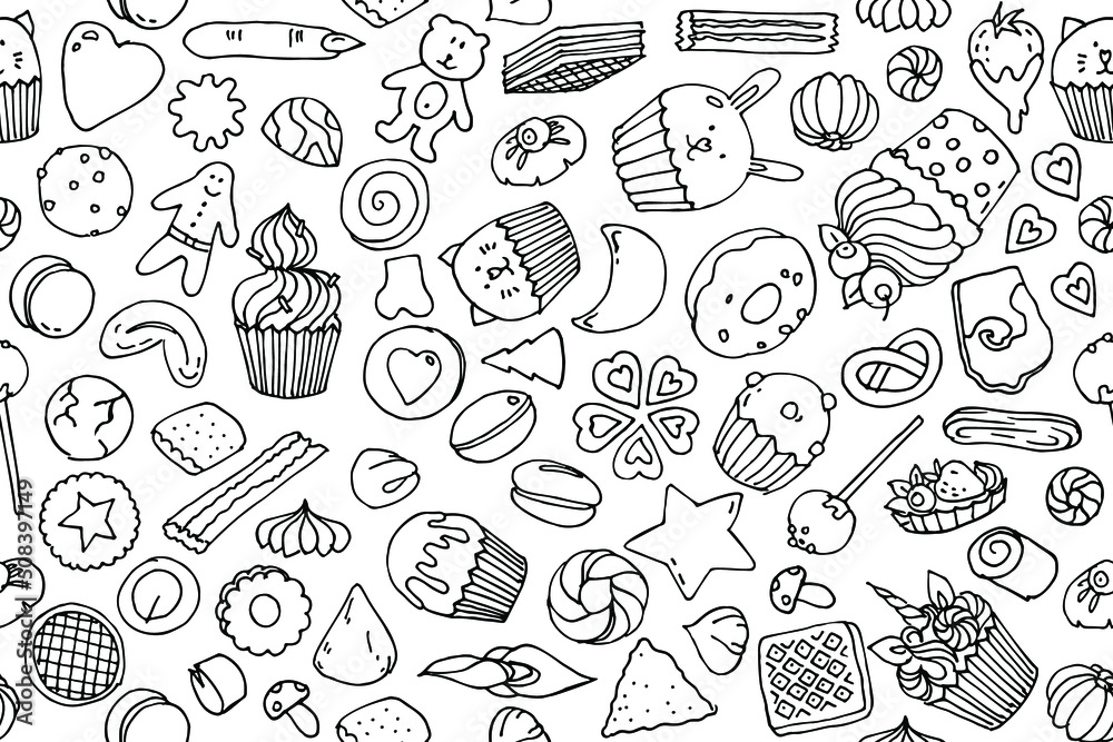 Cookies and sweet bites set or seamless pattern. Sketch line art vector illustration