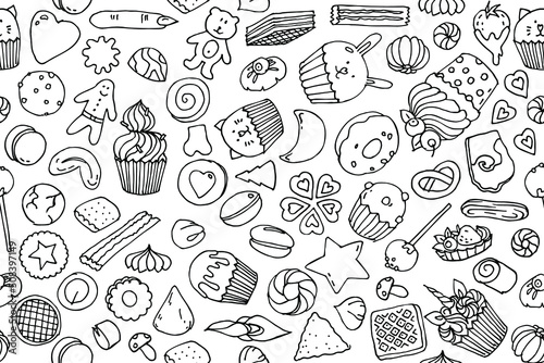 Cookies and sweet bites set or seamless pattern. Sketch line art vector illustration