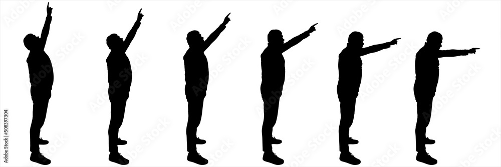 The man stands straight, with his hand showing the direction from top to bottom. A guy of a large build in a tracksuit and sneakers. Side view, full face. Six black male silhouettes isolated on white The man stands straight, with his hand showing the direction from top to bottom. A guy of a large build in a tracksuit and sneakers. Side view, full face. Six black male silhouettes isolated on white