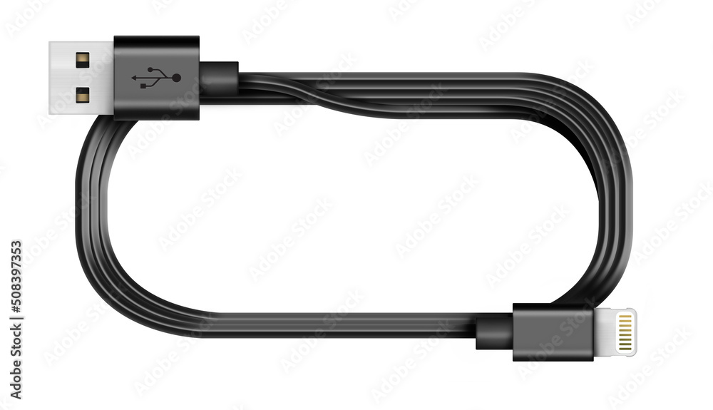 Twisted single black USB cable lighting cable. Isolated 3D illustration. usb cord. Charger usb cable on a white background. 3D render. Twisted single black USB cable lighting cable. Isolated 3D illustration. usb cord. Charger usb cable on a white background. 3D render.