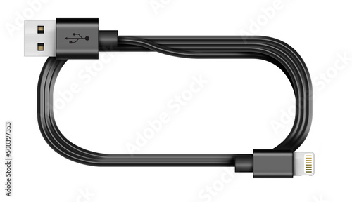 Twisted single black USB cable lighting cable. Isolated 3D illustration. usb cord. Charger usb cable on a white background. 3D render. 