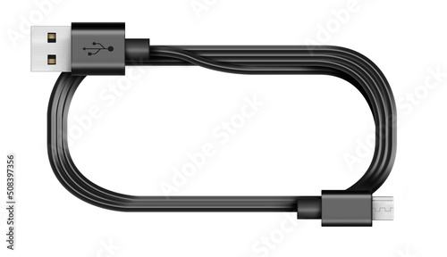 Black USB cable type C plug universal computer and phone connection on a white background. isolated usb cord. Charger usb cable perspective. 3D render.