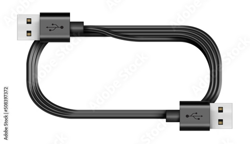 Black 2 USB cable plug universal computer on a white background. isolated usb cord. Charger usb cable perspective. 3D render.
