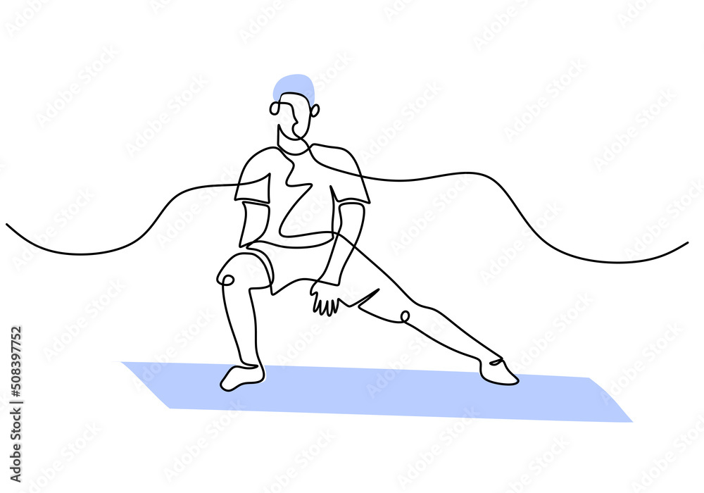 Obraz premium One continuous single line of man stretching leg at home isolated on white background.