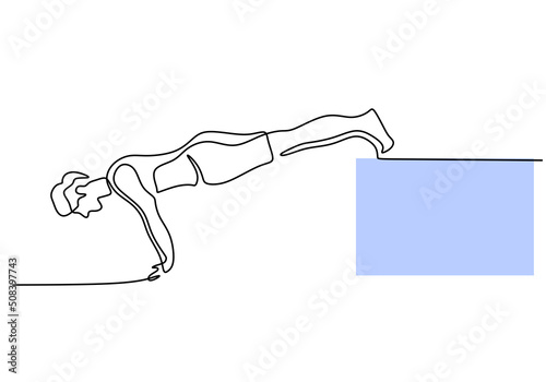 One continuous single line of man push up at home with chair isolated on white background.