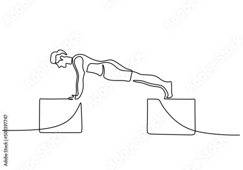 One continuous single line of man push up at home with chair isolated on white background.