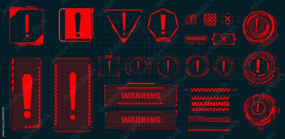 An error or damage during an attack and system failure. High-tech and digital cyber frames warn of a warning on the screen. Warning frame isolated on black background. Vector illustration