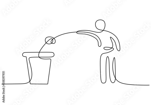 One continuous single line of man throw rubbish in trash can isolated on white background.