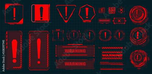 An error or damage during an attack and system failure. High-tech and digital cyber frames warn of a warning on the screen. Warning frame isolated on black background. Vector illustration
