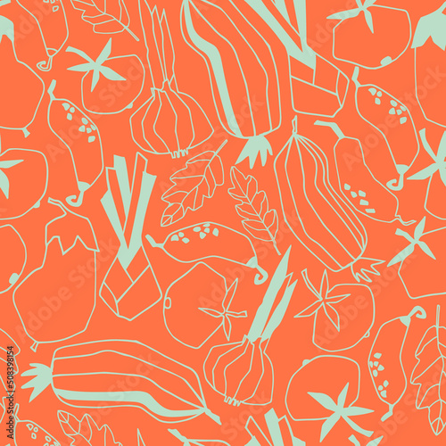 Seamless repeating pattern with vegetables. Stylized vector line art. Abstract trendy illustrations on red background. Healthy food, carbs, veganism concept