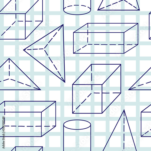 Mathematical vector illustration with geometrical figures, handwritten on the grid copybook paper. Seamless pattern template for fabric print.