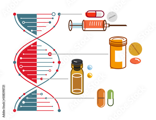 DNA strand based medical theme composition with lots of different drugs and meds vector illustration isolated, drugstore or medical biotechnology scientific research.