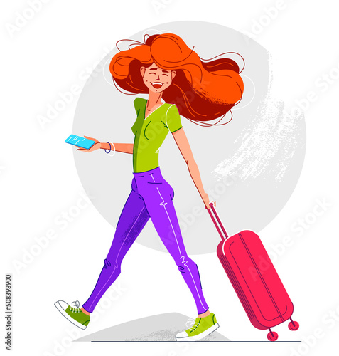 Young happy girl walking with suitcase travel bag in airport, vector illustration, summer vacation journey trip, smiling young woman walking with luggage.