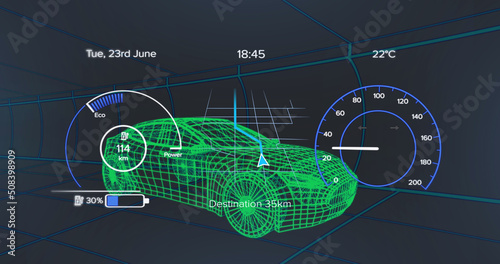 Image of speedometer, gps and charge status data on vehicle interface, over 3d car model