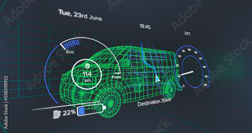 Image of speedometer, gps and charge status data on vehicle interface, over 3d van model