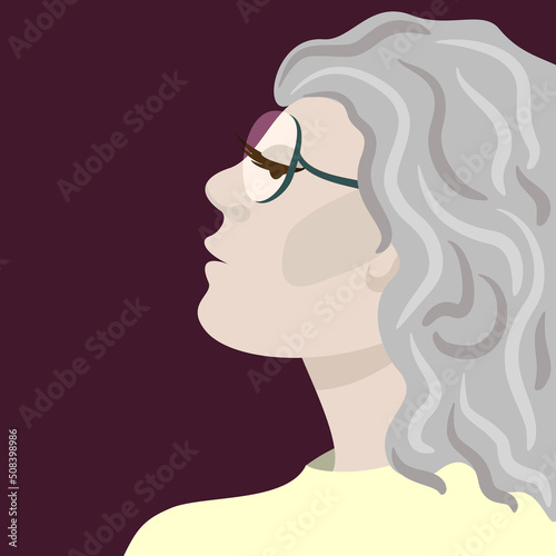 Vector profile portrait of elegant elderly woman in eyeglasses and grey hair on deep vinous background.