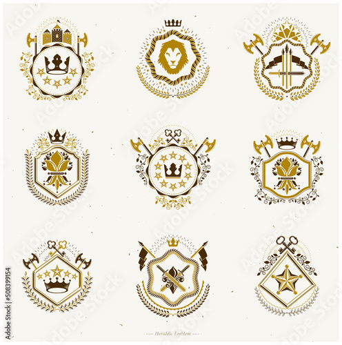 Set of vector vintage emblems created with decorative elements like crowns, stars, bird wings, armory and animals. Collection of heraldic coat of arms.