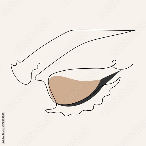Woman Eye makeup. One Line drawing, continuous Line, linear, minimalism. Beautiful Womans Eye. Concept for logo, emblem, print, tatoo, poster, postcard. Vector hand drawn illustration.