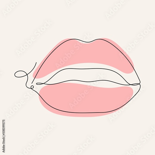 Continuous one Line drawing of Lips. Woman pink Lips logo for makeup. Minimalistic vector illustration for posters, cards, banner, template, design element, web.