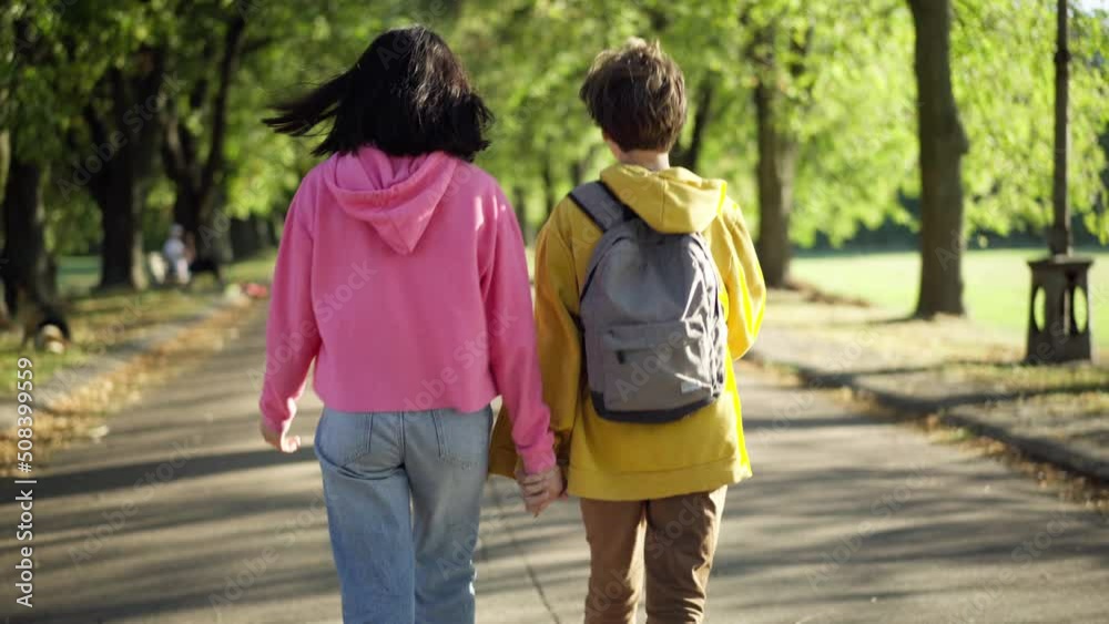 Back view teenage couple holding hands walking in sunbeam on park alley. Happy loving Caucasian adolescent boyfriend and girlfriend dating strolling outdoors. Romance and first love concept Back view teenage couple holding hands walking in sunbeam on park alley. Happy loving Caucasian adolescent boyfriend and girlfriend dating strolling outdoors. Romance and first love concept