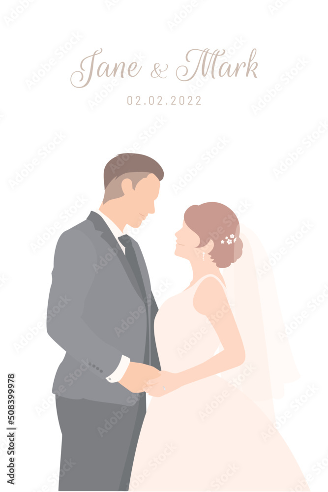 Bride in white dress and groom in black suit holding each other's hand for wedding ceremony invitation card flat vector characters on white background.