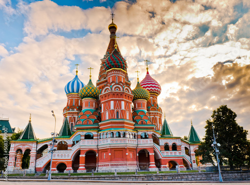 The Cathedral of Vasily the Blessed (Saint Basil's Cathedral) on Red square in summer morning. Moscow. Russia