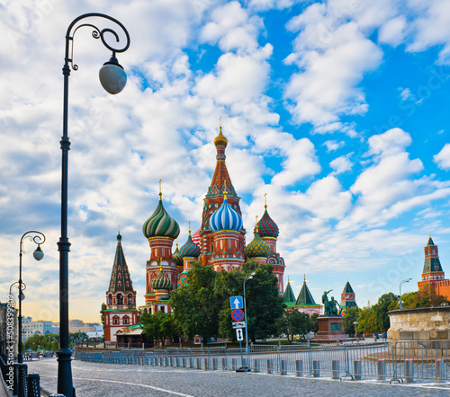 The Cathedral of Vasily the Blessed (Saint Basil's Cathedral) on Red square in summer morning. Moscow. Russia photo