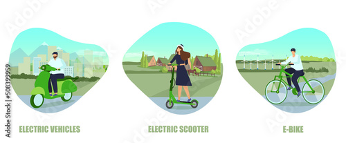 Vector of people riding modern eco city friendly electric motorcycle, e-bike and scooter.