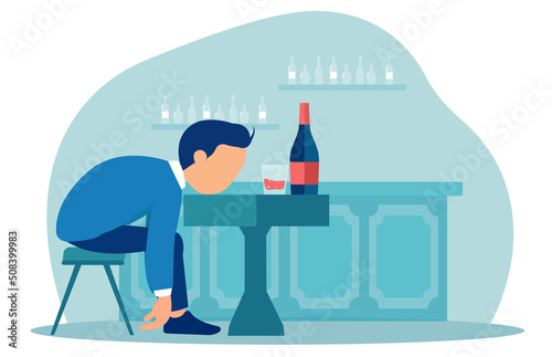 Vector of a drunk man sitting sleeping at the table with a bottle of wine inside the pub.