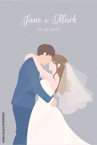 Bride in white dress happily hug holding the Groom in navy blue suit for their wedding ceremony invitation card flat vector couple characters on grey background.
