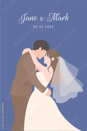 Bride in white dress happily hug holding the Groom in brown suit for their wedding ceremony invitation card flat vector couple characters on blue background.