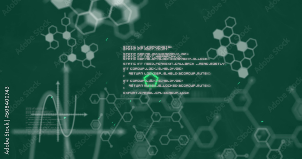 Image of data processing and shapes over green shapes