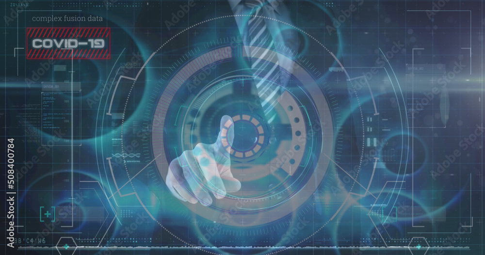 Image of scope scanning and virus cell over caucasian businessman and data processing Image of scope scanning and virus cell over caucasian businessman and data processing