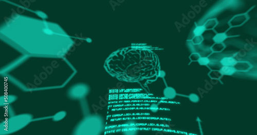 Image of data processing and brains on black background