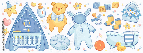Hand drawn baby boy shower set. Vector illustration of cartoon toys, baby cradle, bathtub, clothes and flowers isolated on white background