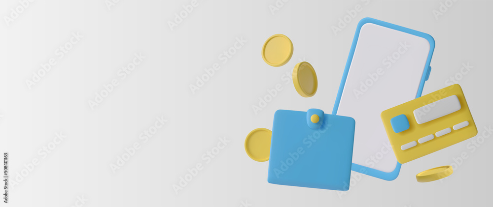 A phone with a wallet and 3D coins A phone with a wallet and 3D coins